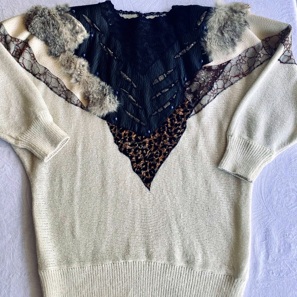 Fine 1980’s women’s acrylic sweater with fur, leather & lace appliqués by Kocal